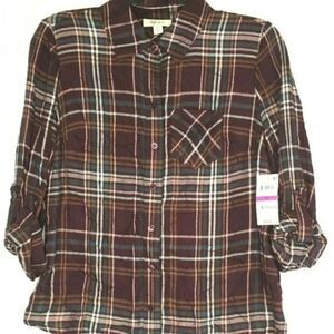 Style & Co 3/4 Roll Tab Sleeve Button Front Plaid Shirt Purple Size PP